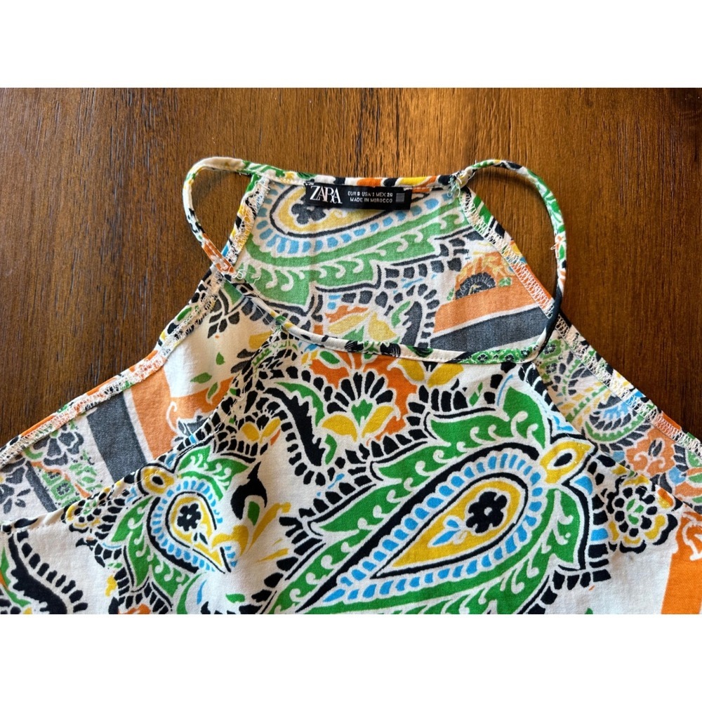 Zara Womens Halter Neck Paisley Scarf Print Handkerchief Hem Top Orange Green M - Picture 2 of 4